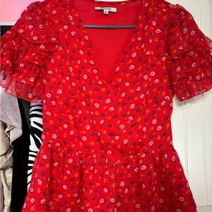 Madewell Red Floral Ruffle Sleeve Blouse